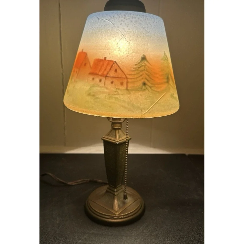 Antique Reverse Painted Table Lamp Brass Scenic Shade‎ Pull Chain 14